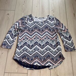 Chevron Pattern Long Sleeve Top - Navy, White, and Orange
